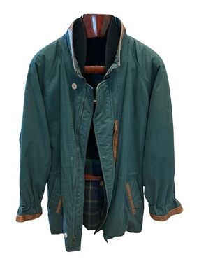 Hickey Freeman Bobby Jones Green Jacket with Brown Leather Trim- made in Italy